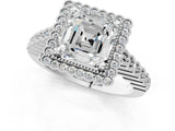 White gold Asscher Cut Cut Halo Pavé Solitaire Ring with Milgrain Band_8