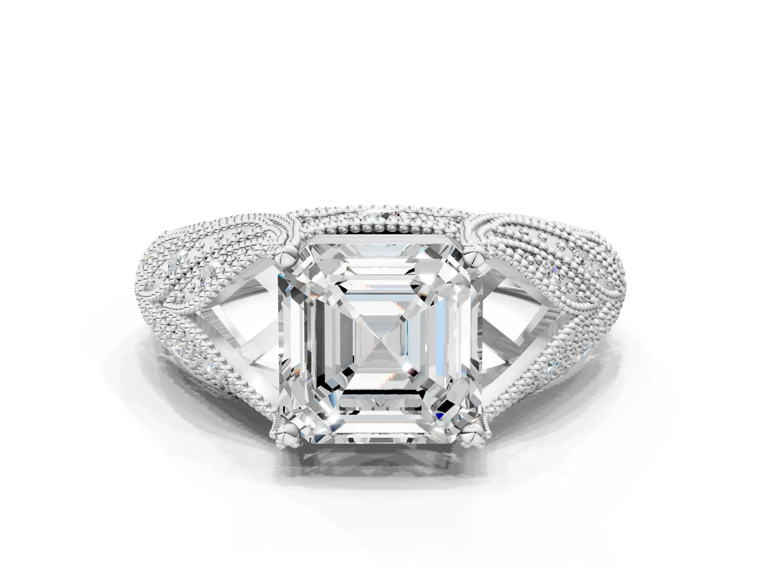 White gold Asscher Cut Cut Milgrain Pave Diamond Engagement Ring with Four-Prong Setting_15