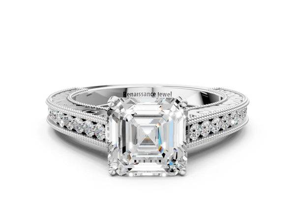 White gold Princess Cut Pave Band Milgrain Solitaire Ring