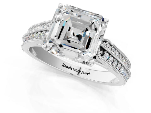Silver 0.55 Carat E VVS1 Princess Cut Pave Split Shank Engagement Ring with Four-Prong Setting