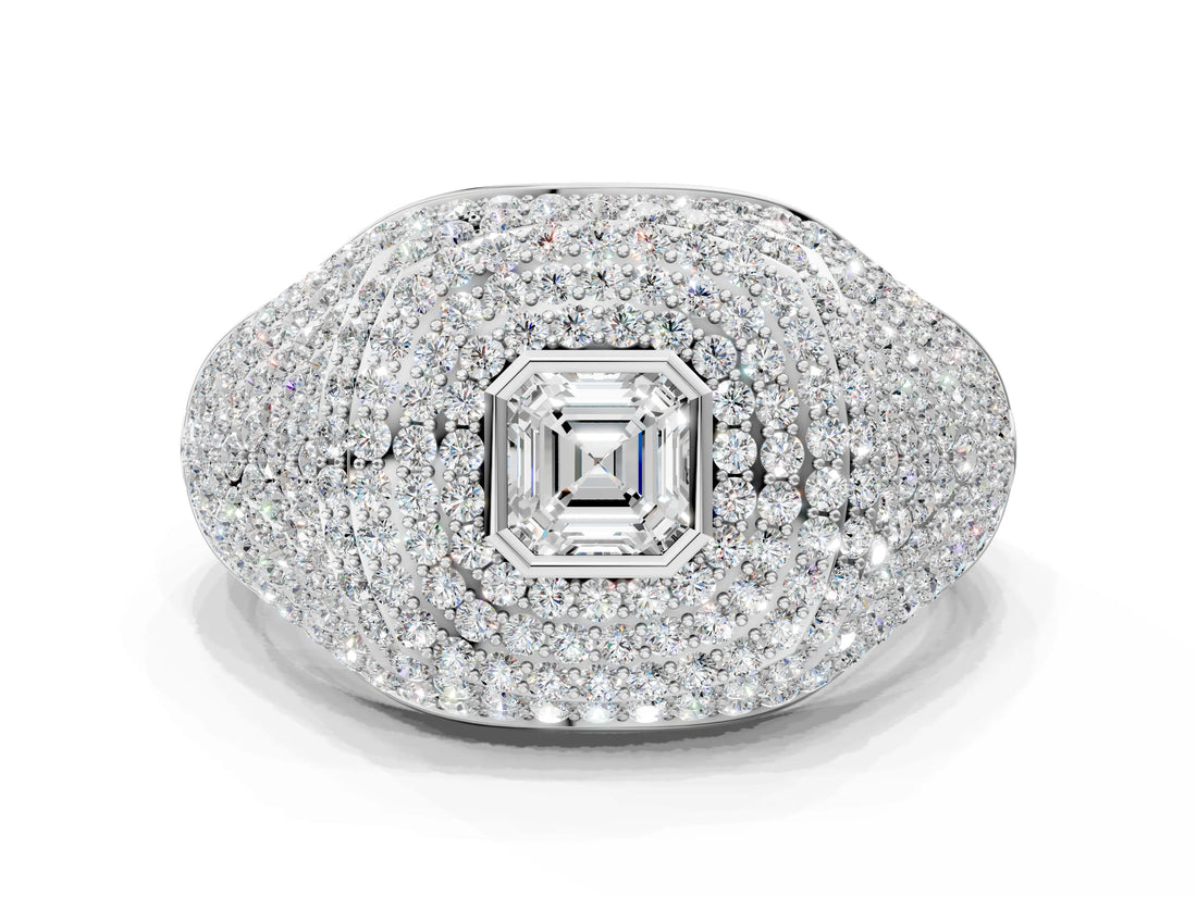 White gold Asscher Cut Diamond Bezel Set Pavé Dome Mens Ring