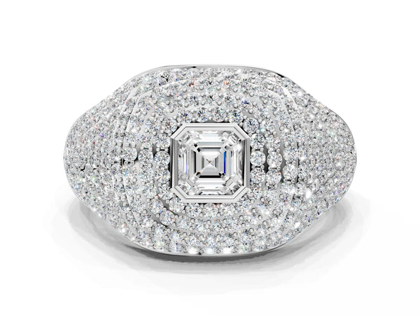 White gold Asscher Cut Diamond Bezel Set Pavé Dome Mens Ring