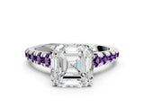 White gold Asscher Cut Diamond Cathedral Solitaire Ring with Round with Amethyst side stone Pavé Band_12