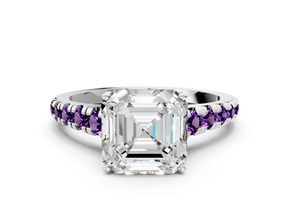 White gold Asscher Cut Diamond Cathedral Solitaire Ring with Round with Amethyst side stone Pavé Band_12