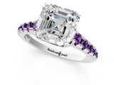 White gold Asscher Cut Diamond Cathedral Solitaire Ring with Round with Amethyst side stone Pavé Band_13