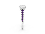 White gold Asscher Cut Diamond Cathedral Solitaire Ring with Round with Amethyst side stone Pavé Band_14
