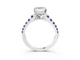 White gold Asscher Cut Diamond Cathedral Solitaire Ring with Round with Amethyst side stone Pavé Band_15