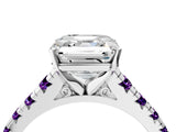 White gold Asscher Cut Diamond Cathedral Solitaire Ring with Round with Amethyst side stone Pavé Band_16