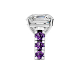 White gold Asscher Cut Diamond Cathedral Solitaire Ring with Round with Amethyst side stone Pavé Band_17
