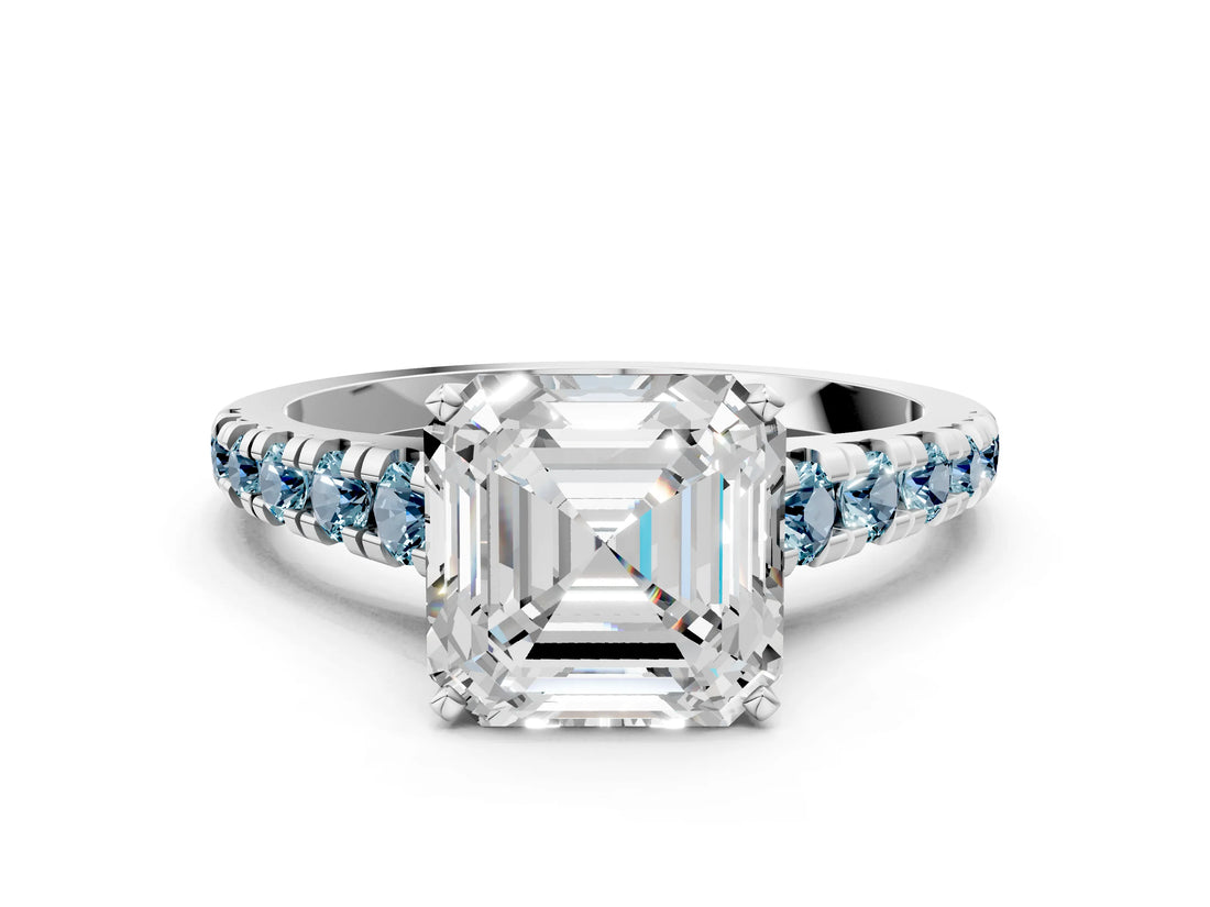 White gold Asscher Cut Diamond Cathedral Solitaire Ring with Round with Aquamarine side stone Pavé Band_12