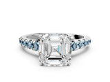 White gold Asscher Cut Diamond Cathedral Solitaire Ring with Round with Aquamarine side stone Pavé Band_12