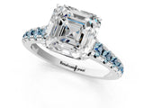 White gold Asscher Cut Diamond Cathedral Solitaire Ring with Round with Aquamarine side stone Pavé Band_13