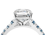 White gold Asscher Cut Diamond Cathedral Solitaire Ring with Round with Aquamarine side stone Pavé Band_16