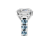 White gold Asscher Cut Diamond Cathedral Solitaire Ring with Round with Aquamarine side stone Pavé Band_17