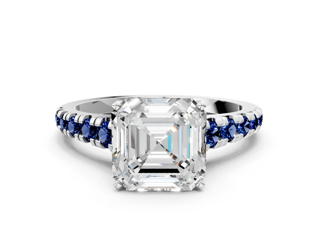 White gold Asscher Cut Diamond Cathedral Solitaire Ring with Round with Blue Sapphire side stone Pavé Band_12