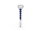White gold Asscher Cut Diamond Cathedral Solitaire Ring with Round with Blue Sapphire side stone Pavé Band_14