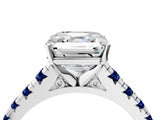 White gold Asscher Cut Diamond Cathedral Solitaire Ring with Round with Blue Sapphire side stone Pavé Band_16