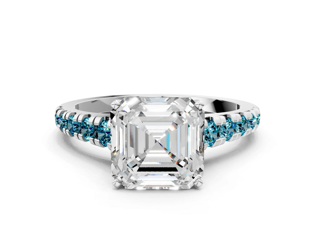 White gold Asscher Cut Diamond Cathedral Solitaire Ring with Round with Blue Topaz side stone Pavé Band
