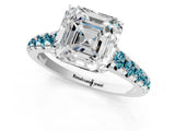 White gold Asscher Cut Diamond Cathedral Solitaire Ring with Round with Blue Topaz side stone Pavé Band_1