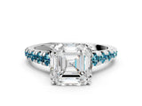 White gold Asscher Cut Diamond Cathedral Solitaire Ring with Round with Blue Topaz side stone Pavé Band