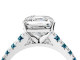 White gold Asscher Cut Diamond Cathedral Solitaire Ring with Round with Blue Topaz side stone Pavé Band_4