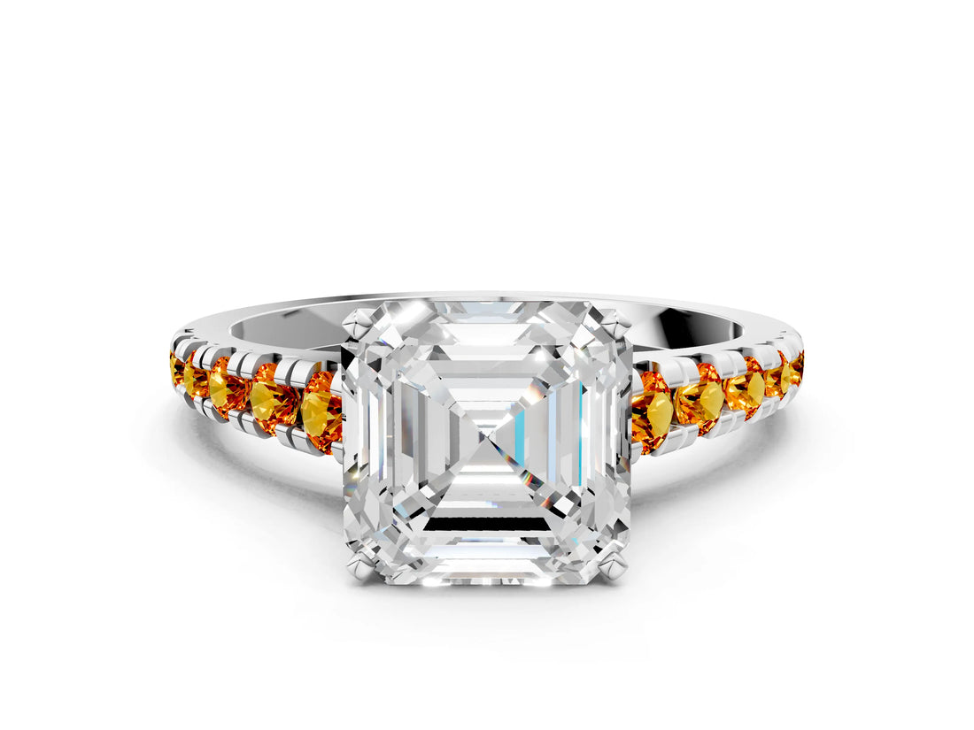 White gold Asscher Cut Diamond Cathedral Solitaire Ring with Round with Citrine side stone Pavé Band_24