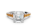 White gold Asscher Cut Diamond Cathedral Solitaire Ring with Round with Citrine side stone Pavé Band_24