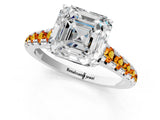 White gold Asscher Cut Diamond Cathedral Solitaire Ring with Round with Citrine side stone Pavé Band_25