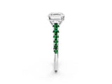 White gold Asscher Cut Diamond Cathedral Solitaire Ring with Round with Emerald side stone Pavé Band_2