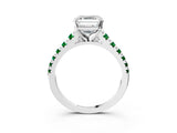 White gold Asscher Cut Diamond Cathedral Solitaire Ring with Round with Emerald side stone Pavé Band_3