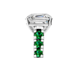 White gold Asscher Cut Diamond Cathedral Solitaire Ring with Round with Emerald side stone Pavé Band_5