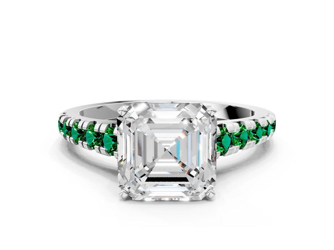 White gold Asscher Cut Diamond Cathedral Solitaire Ring with Round with Emerald side stone Pavé Band