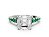 White gold Asscher Cut Diamond Cathedral Solitaire Ring with Round with Emerald side stone Pavé Band