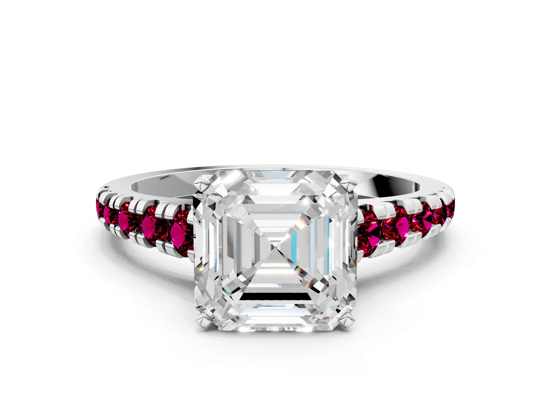 White gold Asscher Cut Diamond Cathedral Solitaire Ring with Round with Garnet side stone Pavé Band_12