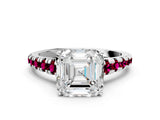 White gold Asscher Cut Diamond Cathedral Solitaire Ring with Round with Garnet side stone Pavé Band_12