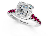 White gold Asscher Cut Diamond Cathedral Solitaire Ring with Round with Garnet side stone Pavé Band_13