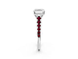 White gold Asscher Cut Diamond Cathedral Solitaire Ring with Round with Garnet side stone Pavé Band_14