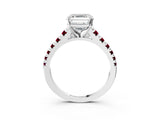 White gold Asscher Cut Diamond Cathedral Solitaire Ring with Round with Garnet side stone Pavé Band_15