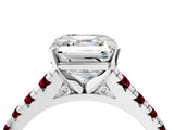 White gold Asscher Cut Diamond Cathedral Solitaire Ring with Round with Garnet side stone Pavé Band_16