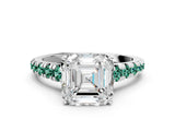 White gold Asscher Cut Diamond Cathedral Solitaire Ring with Round with Green Sapphire side stone Pavé Band_12