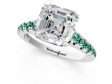 White gold Asscher Cut Diamond Cathedral Solitaire Ring with Round with Green Sapphire side stone Pavé Band_13