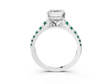 White gold Asscher Cut Diamond Cathedral Solitaire Ring with Round with Green Sapphire side stone Pavé Band_15