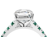 White gold Asscher Cut Diamond Cathedral Solitaire Ring with Round with Green Sapphire side stone Pavé Band_16