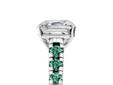 White gold Asscher Cut Diamond Cathedral Solitaire Ring with Round with Green Sapphire side stone Pavé Band_17