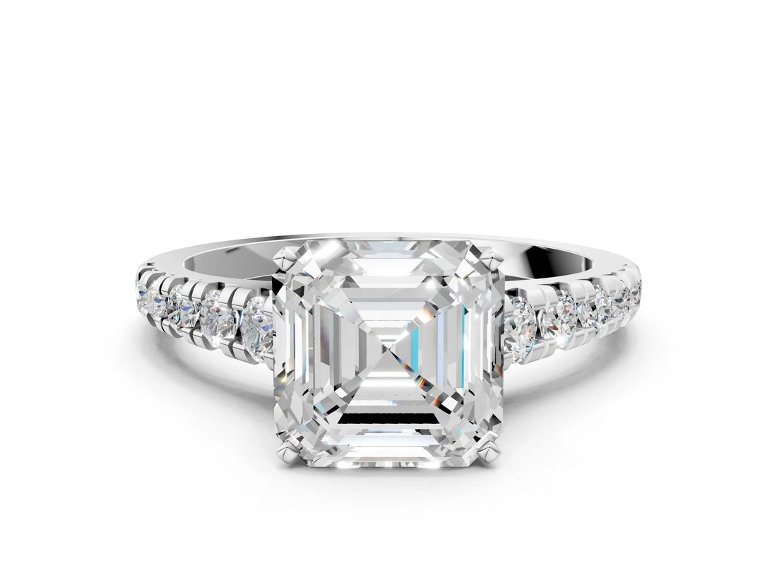 White gold Asscher Cut Diamond Cathedral Solitaire Ring with Round with Moissanite side stone Pavé Band_12