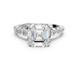 White gold Asscher Cut Diamond Cathedral Solitaire Ring with Round with Moissanite side stone Pavé Band_12