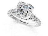 White gold Asscher Cut Diamond Cathedral Solitaire Ring with Round with Moissanite side stone Pavé Band_13