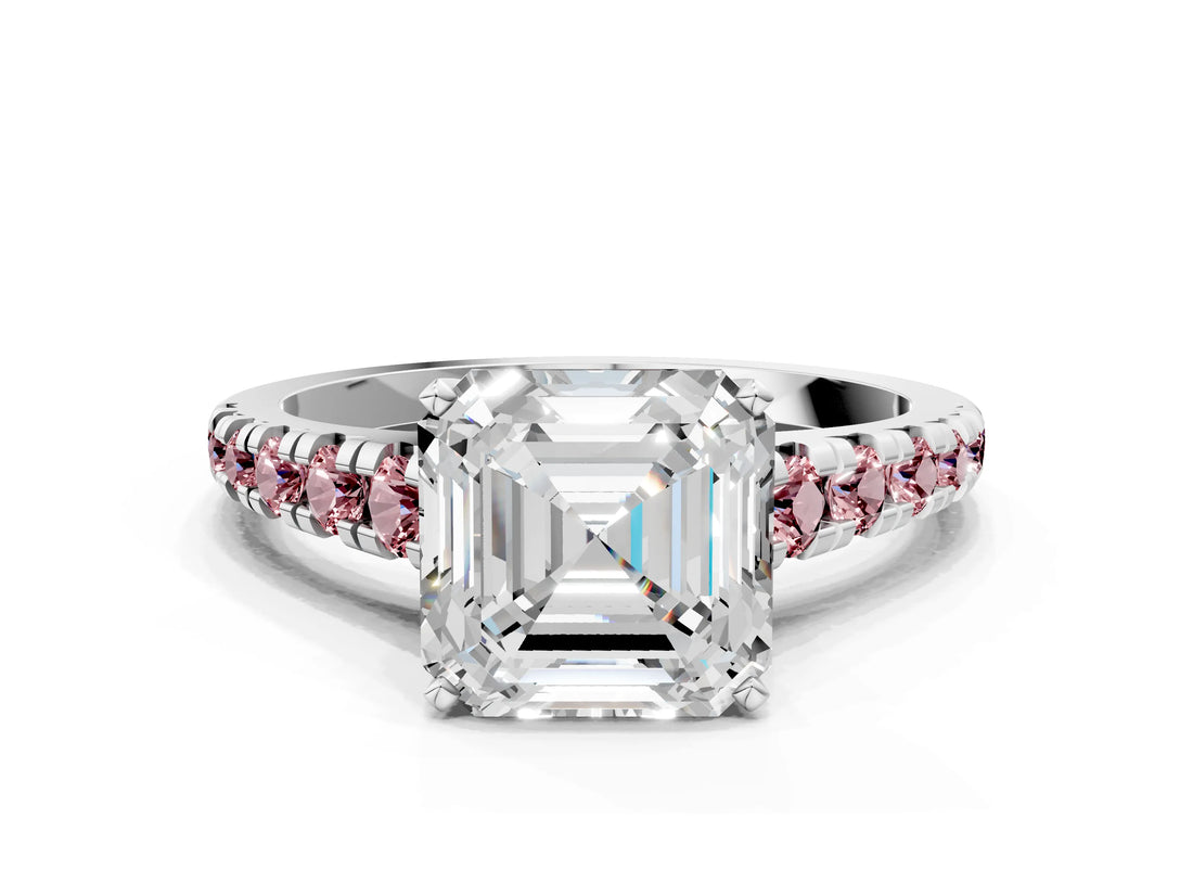 White gold Asscher Cut Diamond Cathedral Solitaire Ring with Round with Morganite side stone Pavé Band_12