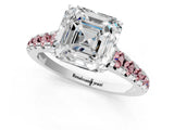 White gold Asscher Cut Diamond Cathedral Solitaire Ring with Round with Morganite side stone Pavé Band_13