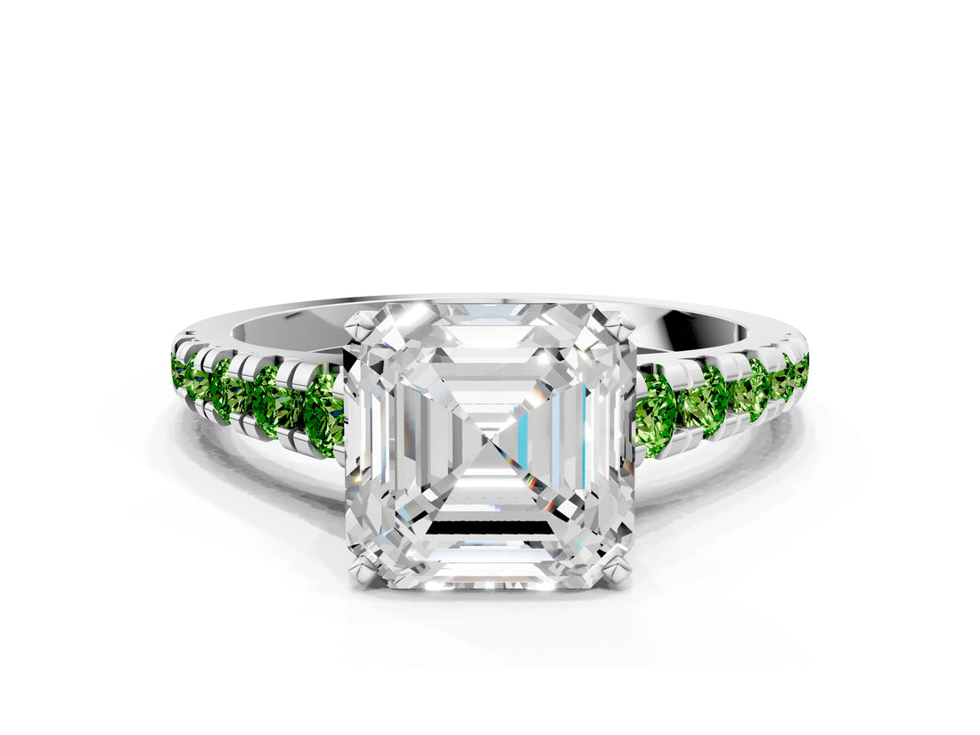 White gold Asscher Cut Diamond Cathedral Solitaire Ring with Round with Peridot side stone Pavé Band